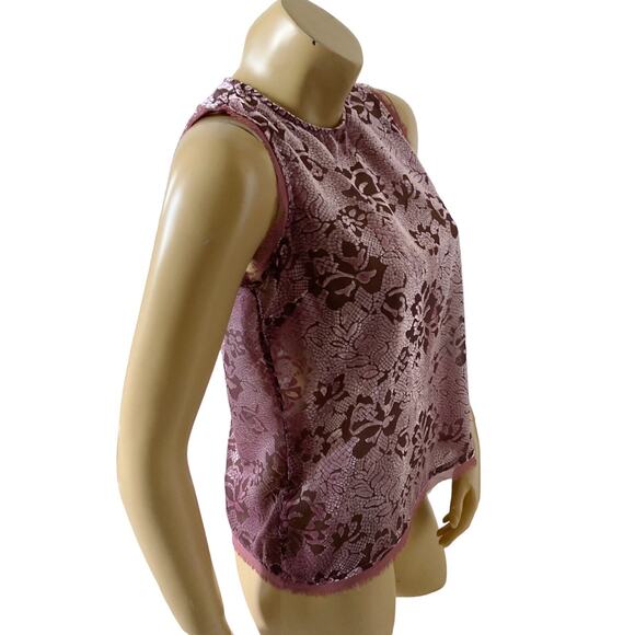 GUESS Womens Size XXS Sheer Sleeveless Mauve Velvet Trim Fringed Tank Top Shirt - Picture 2 of 9